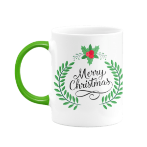 Weihnachtstasse mit Aufdruck: Der festliche Werbeartikel für Ihre Marke. eine personalisierte weiße Tasse mit grünem Henkel und Weihnachtsgrafiken.