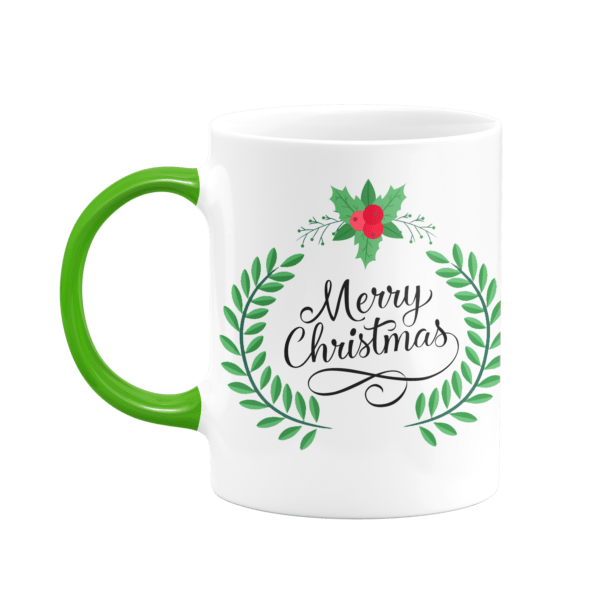 Weihnachtstasse mit Aufdruck: Der festliche Werbeartikel für Ihre Marke. eine personalisierte weiße Tasse mit grünem Henkel und Weihnachtsgrafiken.