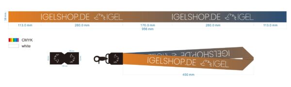 Technische Daten eines Schlüsselbands mit Farbverlauf von IGELSHOP.DE – detaillierte Skizze mit Maßen und Design.